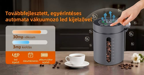 A jövő konyhája intelligens vákuumos élelmiszertároló LED kijelzővel, kávébabbal és érintésvezérléssel