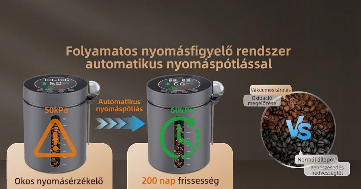 A jövő konyhája okos vákuumos élelmiszertároló digitális kijelzővel, amely automatikusan megőrzi a kávé frissességét.