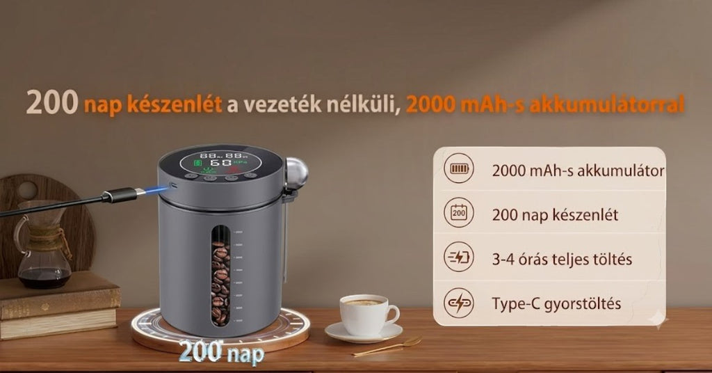 A jövő konyhája intelligens vákuumos élelmiszertároló kávészemekkel, USB-C töltéssel és digitális kijelzővel.