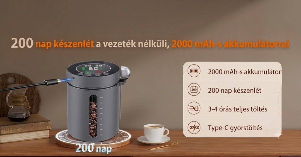 A jövő konyhája intelligens vákuumos élelmiszertároló kávészemekkel, USB-C töltéssel és digitális kijelzővel.