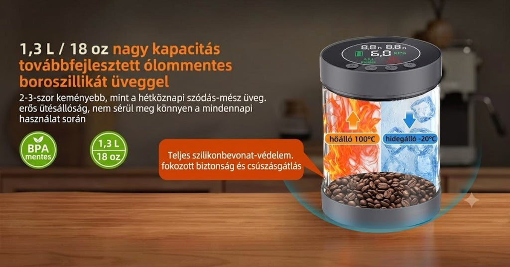 A jövő konyhája 1,3 literes, hőálló boroszilikát üveg vákuumos tároló kávészemekkel, digitális kijelzővel.
