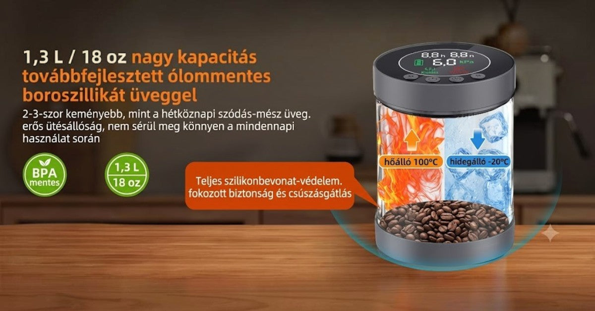 A jövő konyhája 1,3 literes, hőálló boroszilikát üveg vákuumos tároló kávészemekkel, digitális kijelzővel.